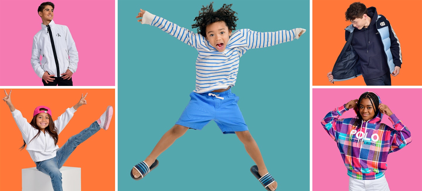 Boy jumping. Collage of child fashion models