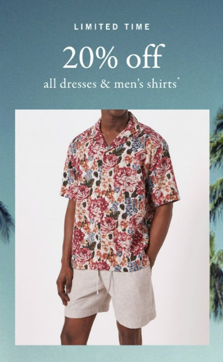 20% Off All Dresses & Men's Shirts from Abercrombie & Fitch