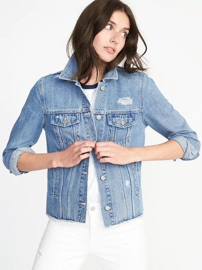 Distressed Raw-Edged Denim Jacket for Women from Old Navy