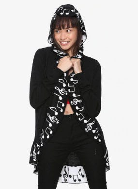 Music Note Hooded Flyaway Cardigan from Hot Topic