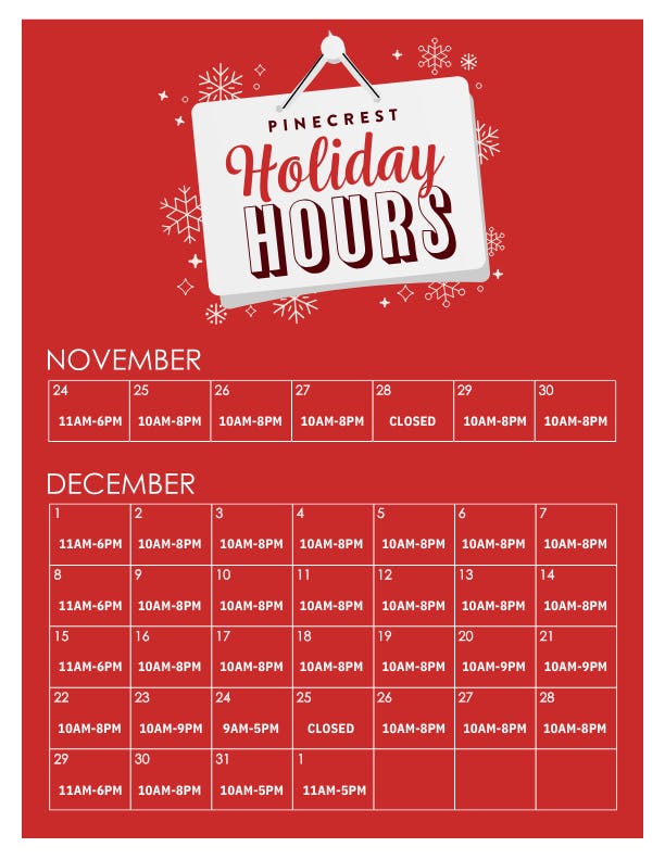 Holiday Hours Calendar