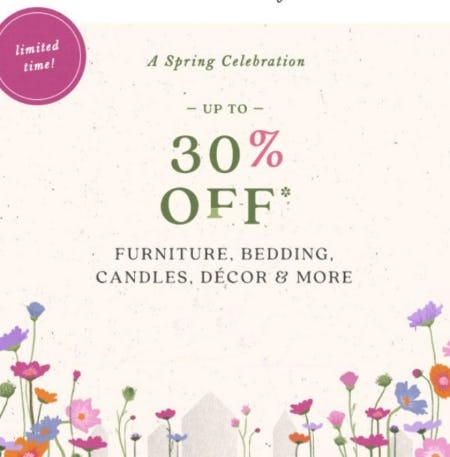 Up to 30% Off Furniture, Bedding, Candles, Decor & More