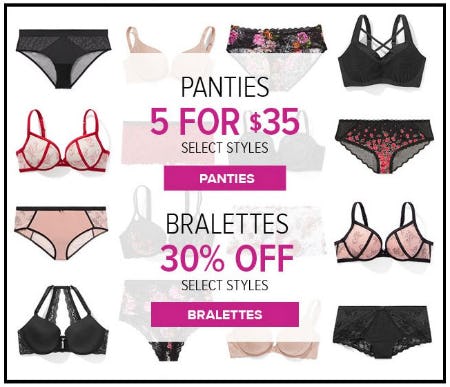 Panties 5 for $35 and Bralettes 30% Off from Torrid