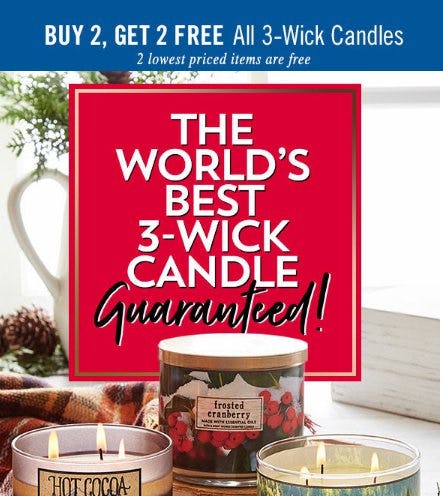 Buy 2, Get 2 Free All 3-Wick Candles from Bath & Body Works