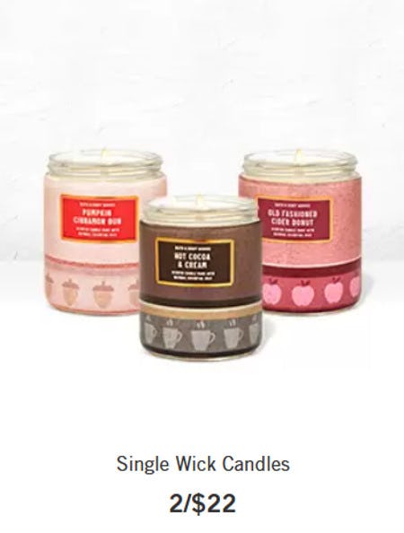 Single Wick Candles 2 for $22 from Bath & Body Works