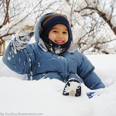 Young boy sitting in the snow wearing a blue waterproof jacket and matching beanie