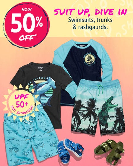 50% Off Swimsuits, Trunks & Rashguards