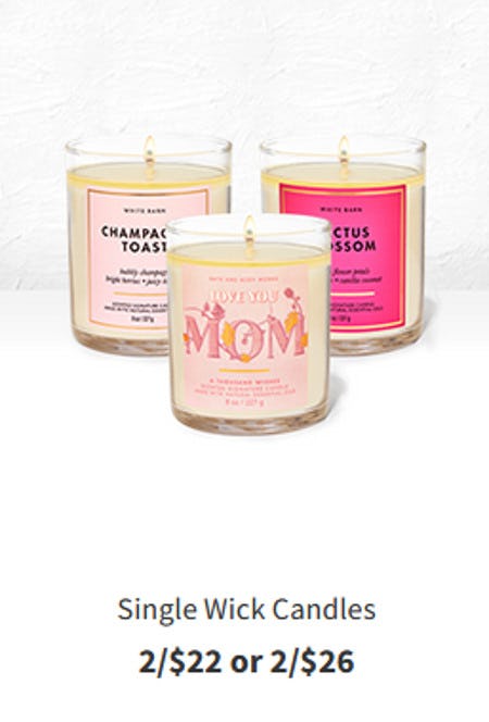 Single Wick Candles 2 for $22 or 2 for $26 from Bath & Body Works