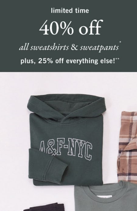 40% Off All Sweatshirts & Sweatpants from Abercrombie & Fitch