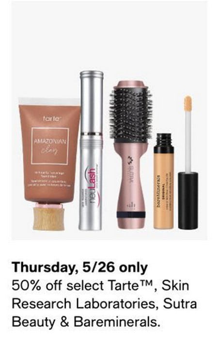 50% Off Select Tarte, Skin Research Laboratories, Sutra Beauty & Bareminerals from macy's