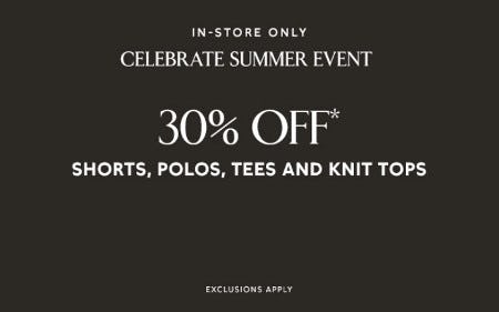30% Off Shorts, Polos, Tees and Knit Tops