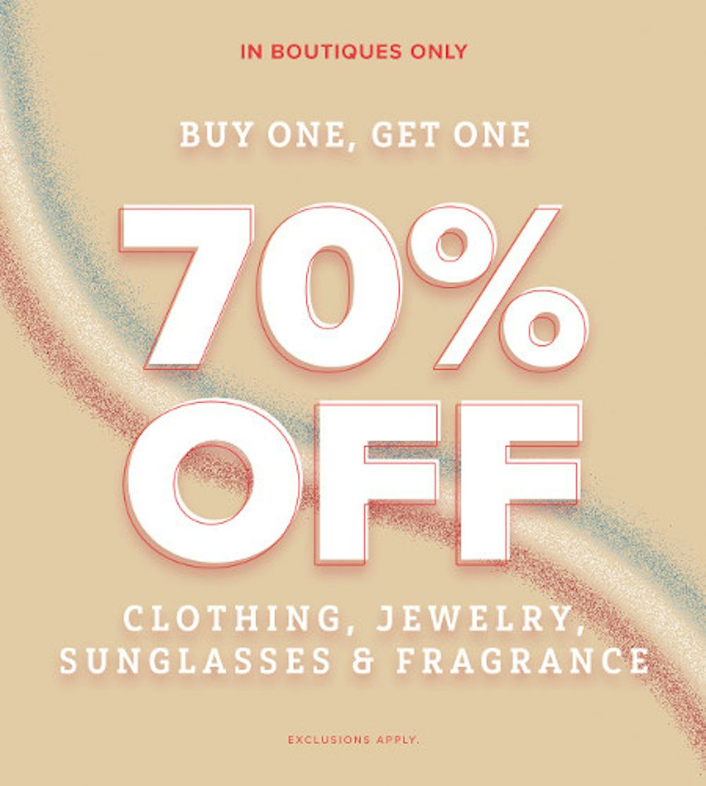 Buy One, Get One 70% off Clothing, Jewelry, Sunglasses and Fragrance
