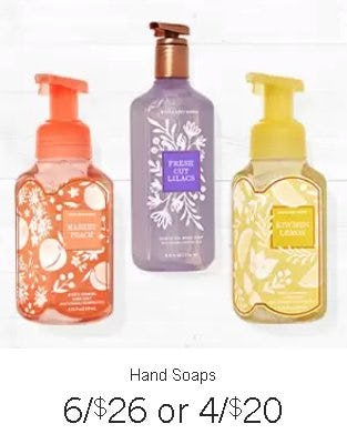 Hand Soaps 6 for $26 or 4 for $20 from Bath & Body Works/White Barn