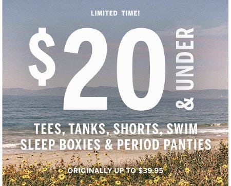 Tees, Tanks, Shorts, Swim, Sleep Boxies & Period Panties $20 & Under