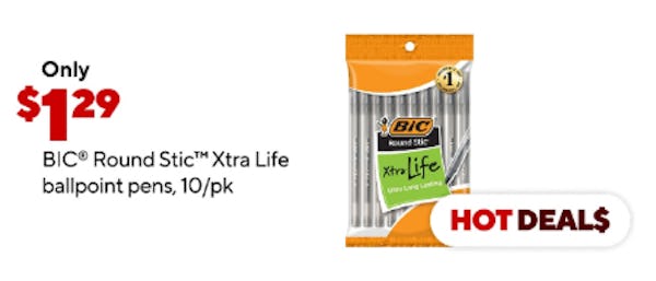 $1.29 BIC® Round Stic™ Xtra Life Ballpointpens, 10/pk