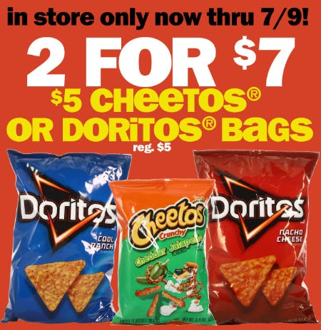 2 for $7 $5 Cheetos or Doritos Bags from Five Below