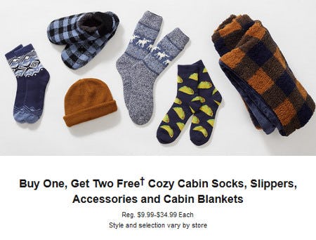 Buy One, Get Two Free Cozy Cabin Socks, Slippers, Accessories and Cabin Blankets