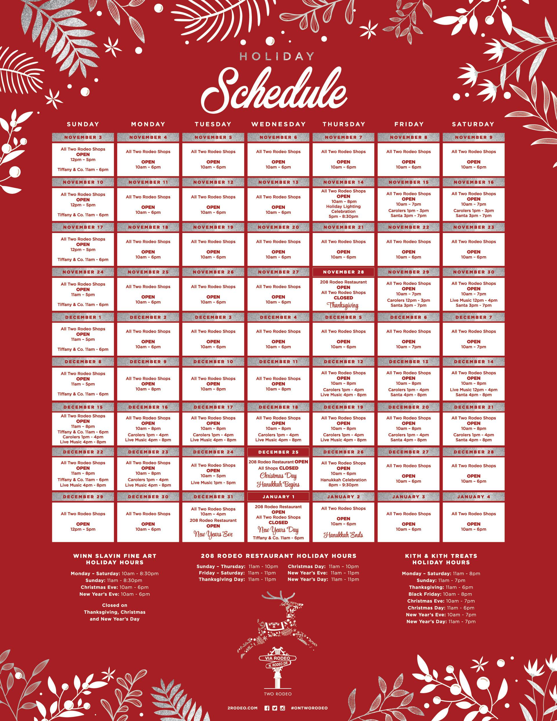 calendar of holiday hours